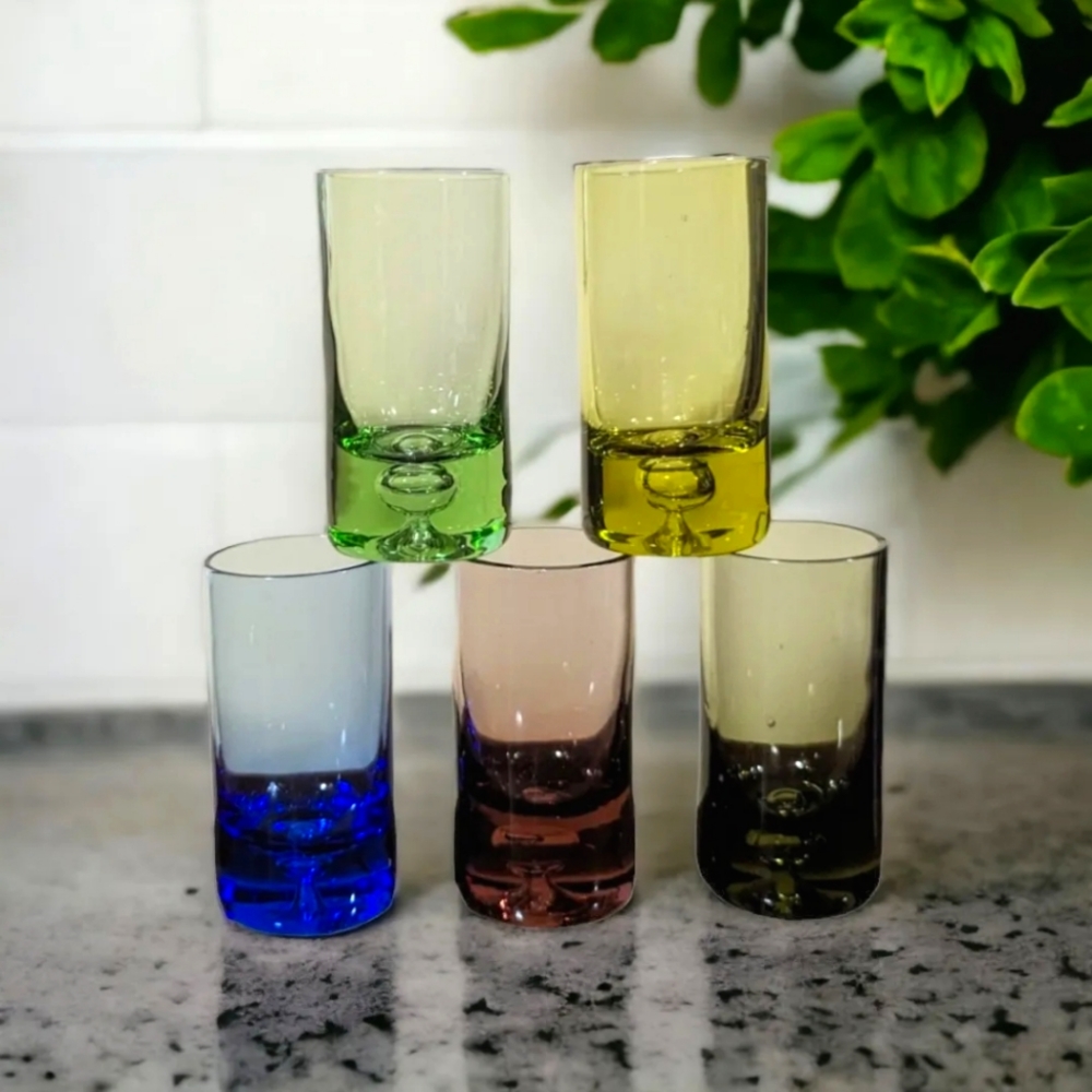 Mid Century Multicolor Hand Blown Shot/Liquor Glasses, 1oz, Set 5